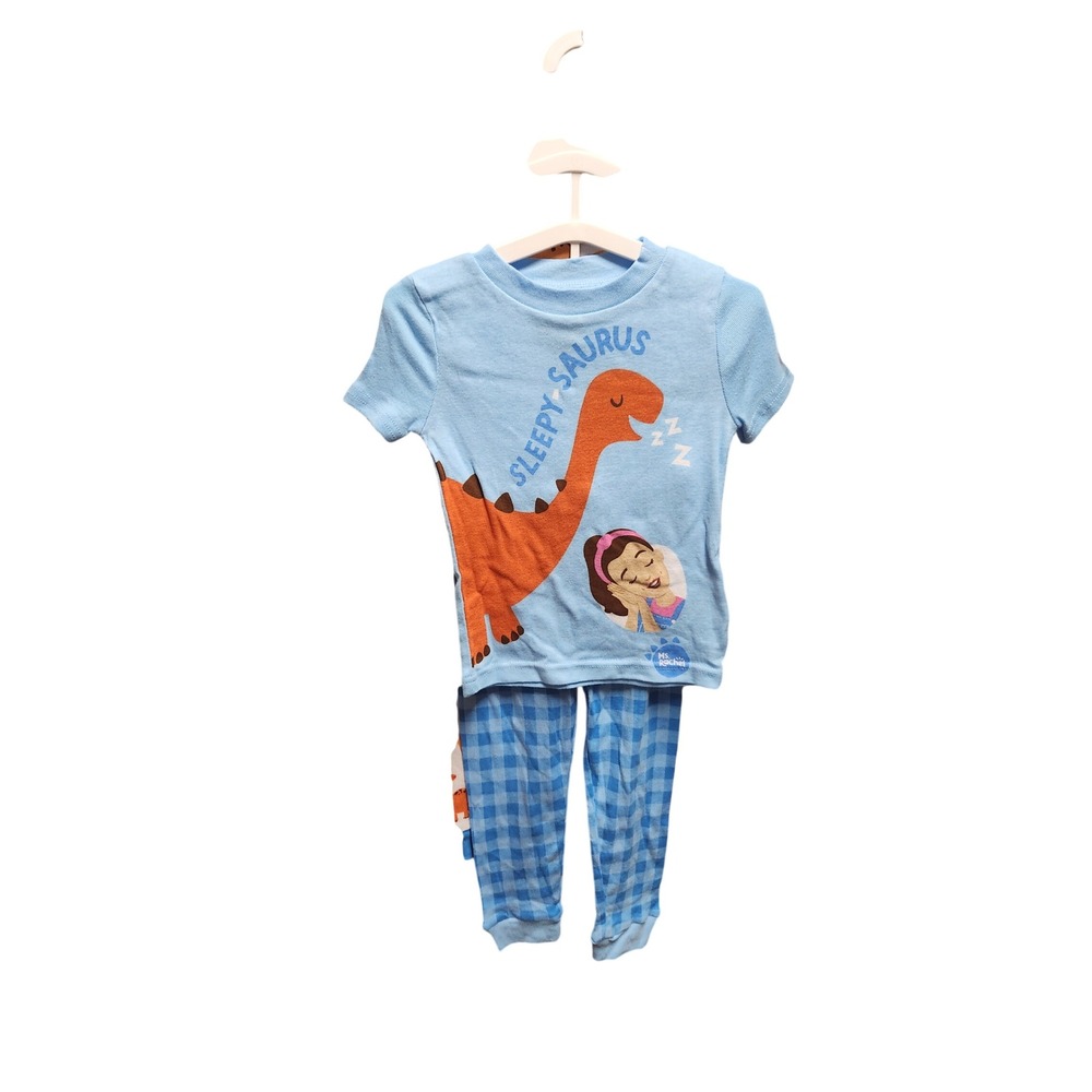 Ms. Rachel Sleepy Saurus Dinosaur 4 Piece Pajama Set Blue Gingham Kids 3T New